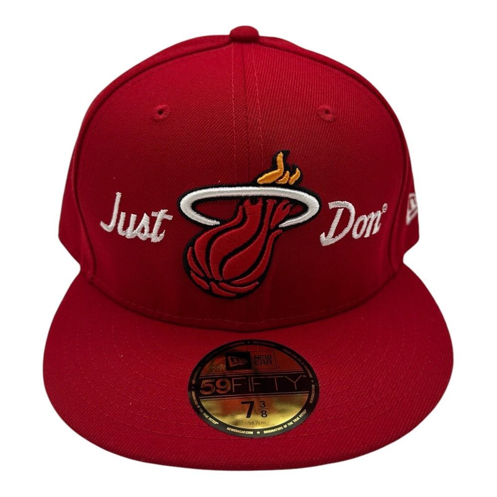 New Era X Just Don Miami Heat Hat Cap Sz 7 3/8 Red 59Fifty Fitted NBA Basketball